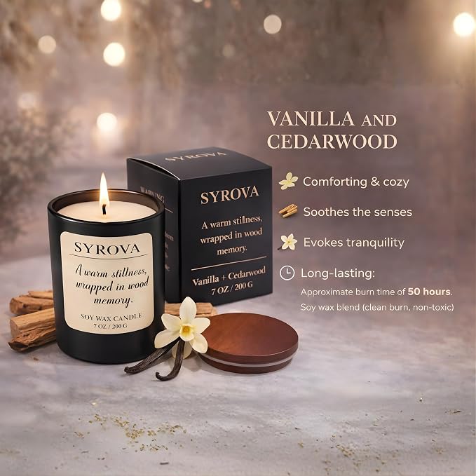 Vanilla & Cedarwood Candle, Luxury Scented Soy Candle 7oz, Cozy Sweet Fragrance for Home, Long Lasting Aromatherapy Candle, Gift for Women, Modern Jar Candle