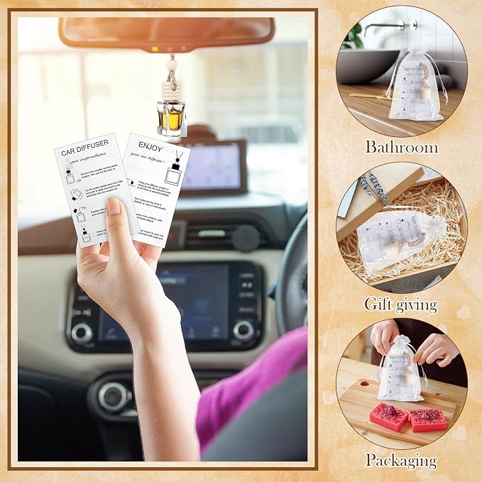 Boao 25 Sets Hanging Car Air Freshener Diffuser Bottles Empty Bulk with Car Diffuser Instruction Cards Organza Bags Glass Refillable Essential Oil Fragrance Aromatherapy Pendant (Flat Square,Clear)