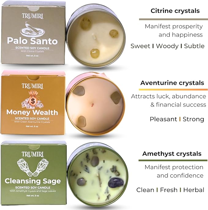 Cleansing Sage, Palo Santo, Money Wealth - Soy Candles Non Toxic - Highly Scented Long Lasting with Essential Oils - Variety Pack of 3 x 5oz - for Home Aromatherapy Meditation Gift Travel