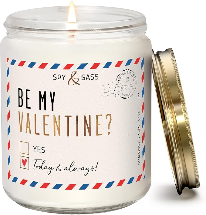 Valentines Day Gifts for Her, Valentine Candles, Valentines Gift for Girlfriend -Be My Valentine Candle, w/Eucalyptus, Clary Sage & Geranium I Valentines Gifts for Wife I 9oz, 50Hr Burn, USA Made
