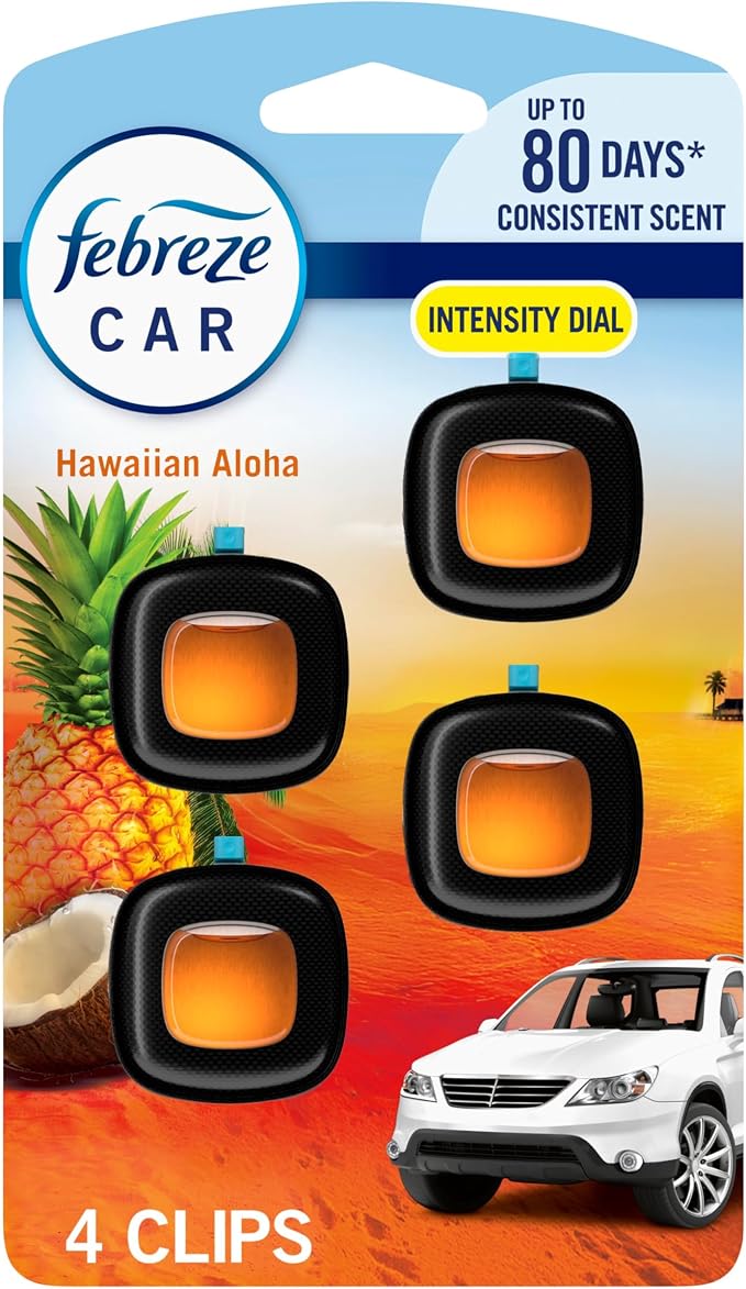 Febreze Car Air Freshener, Odor-Fighting Automotive Vent Clip, Scented Car Accessories, Long Lasting for Strong Odors, Hawaiian Aloha Scent, 4 Count