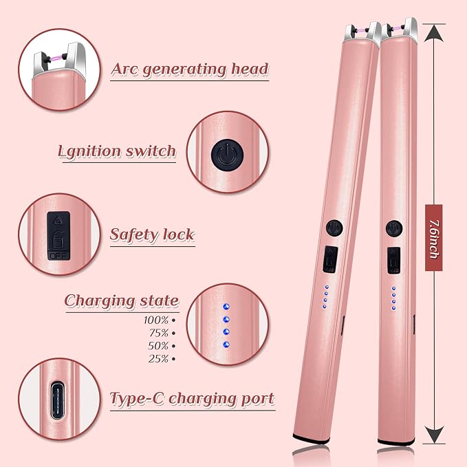2 PCS Candle Lighter,Windproof Flameless Electric Lighter with LED Power Display ＆ Safety Switch, Upgraded Plasma USB Rechargeable Lighters for Birthday Camping BBQ (Pink)
