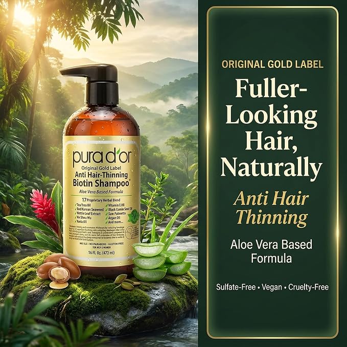 PURA D'OR Original Gold Label Anti-Thinning Shampoo - CLINICALLY TESTED - Biotin & Argan Oil – Sulfate-Free Strengthening & Volumizing for Fuller-Looking Hair, Men & Women, Natural Earthy Scent 16 oz