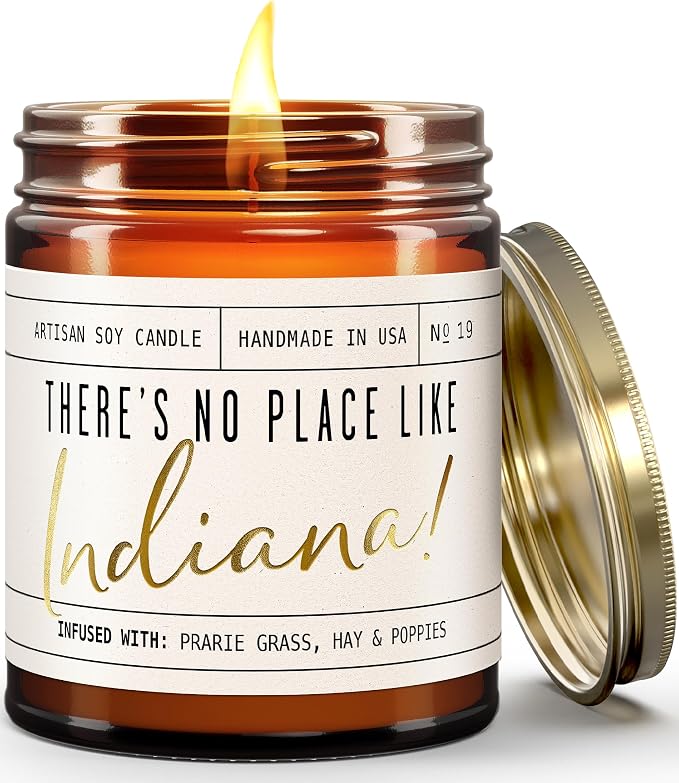 Indiana Gifts, Indiana Decor for Home - 'There's No Place Like Indiana Candle, w/Prarie Grass, Eucalyptus, Hay & Poppies I Indiana Souvenirs I Indiana State Gifts I 9oz Jar, 50Hr Burn, USA Made