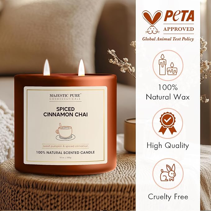 Majestic Pure Pumpkin Cinnamon Scented Candle with Upto 45+ Hrs Burn Time, 2-Wick Candle, Soy Wax Blend for Cleaner Consistent Burn, 10 oz Jar Candle with Room Filling Fragrance, Spiced Chai