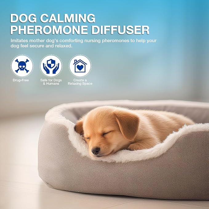 Dog Calming Pheromones Diffuser 3 in 1 Kit Appeasing Pheromone Diffuser to Calm (2 Plug in+2 Pack 48ml Refill) for Anxiety Relief Reduce Aggression Fighting Barking Stress 60 Day Supply(Tasteless)