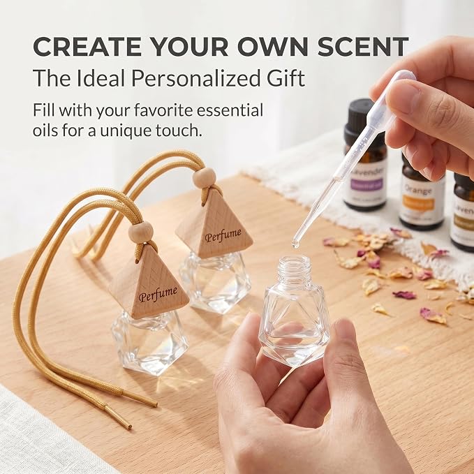 2-Pack Rhombus Refillable Hanging Car Diffuser Empty Glass Bottle | Wood cap hanging aroma pendant with dropper, holds essential oils for car home closet office