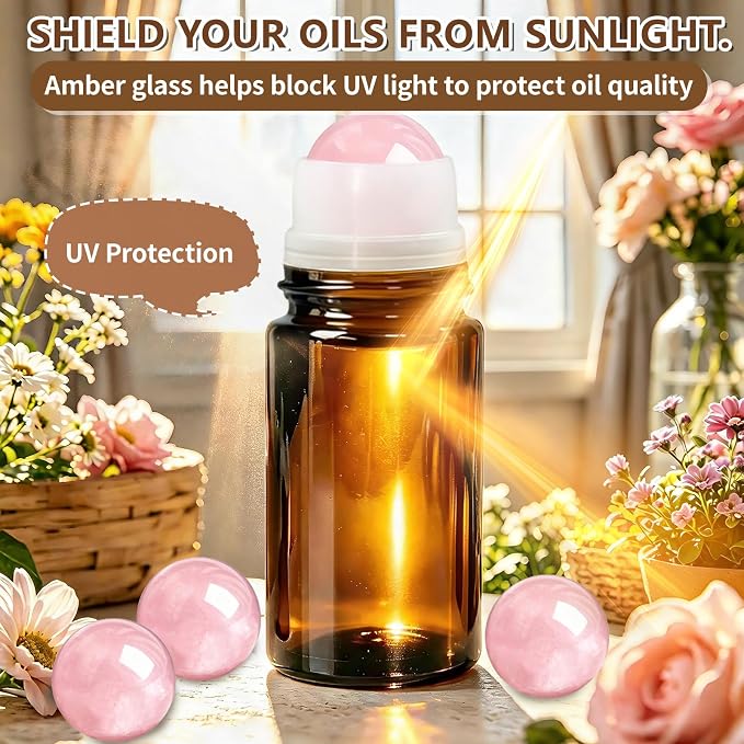 50ml Amber Glass Roll-On Bottles For Castor Oil Brows & Lashes/DIY Perfume/Face Serum/Massage Oil, Essential Oils - Rose Quartz Crystal Ball, Refillable Leak-Proof Rollerball