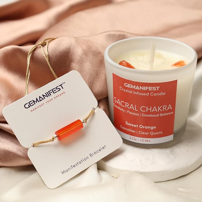 Sacral Chakra Candle with Carnelian Onyx Bracelet Orange Candle for Creativity Success and Balance Best Spiritual Meditation Gifts for Women Men Office Productivity Gifts
