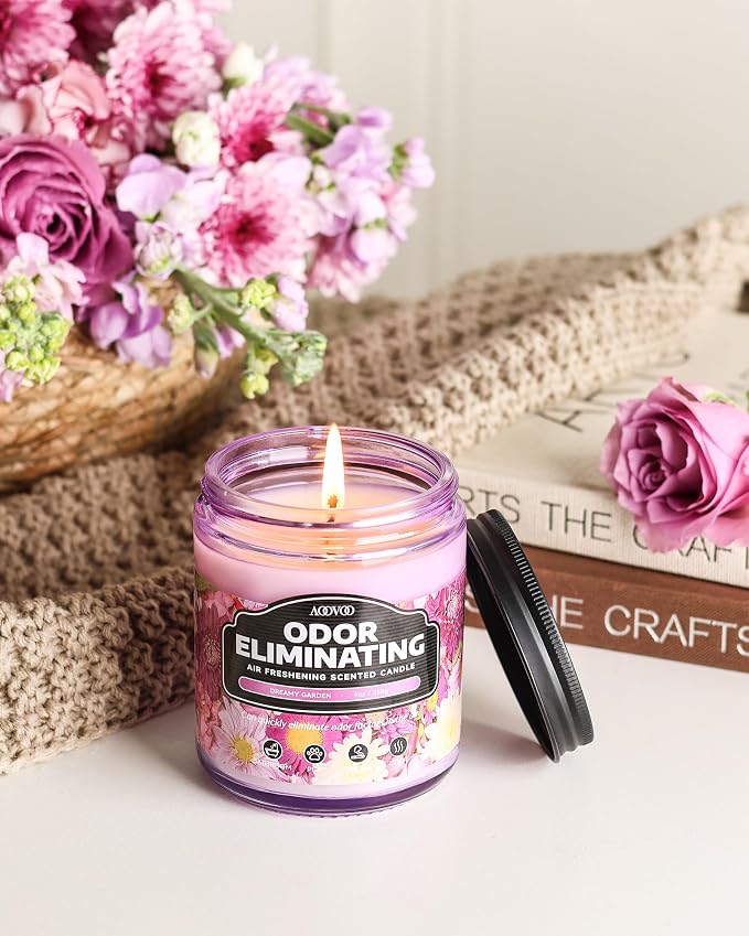 AOOVOO Dreamy Garden 2 Pack Odor Eliminating Highly Fragranced Candle - Eliminates 95% of Pet, Smoke, Food and Other Smells Quickly, Non Toxic Air Freshing Soy Candle, 18 oz Up to 100 Hours Burn time