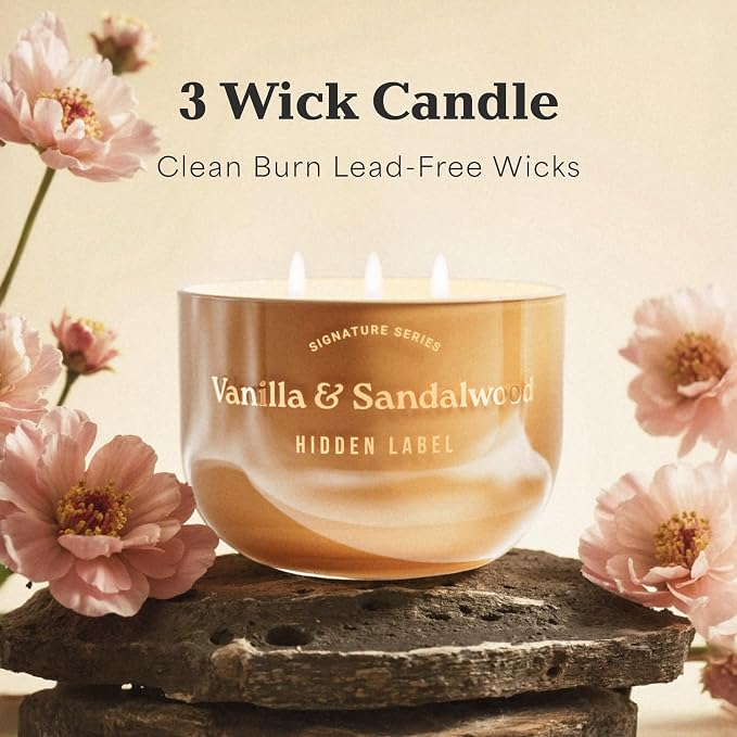 Hidden Label Vanilla Sandalwood Scented Candle, 18oz Large 3 Wick Natural Soy Wax Candle, 70 Hours Burn Time Non Toxic Aromatherapy Candle for Home, Luxury Home Décor & Gift for Women