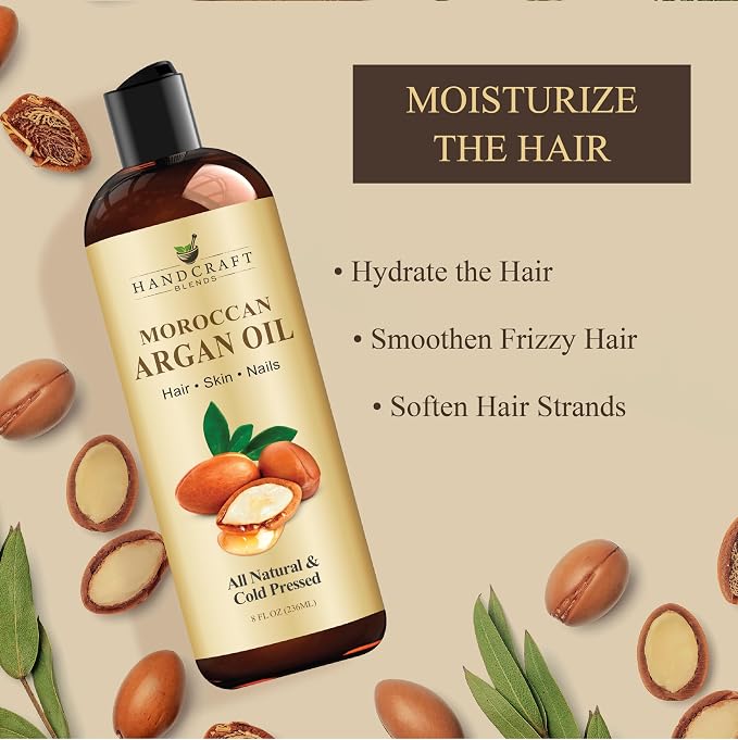Handcraft Blends Moroccan Argan Oil - 8 Fl Oz - 100% Pure and Natural - Premium Grade Carrier Oil for Skin and Hair - Hair and Body - Massage - Cold-Pressed