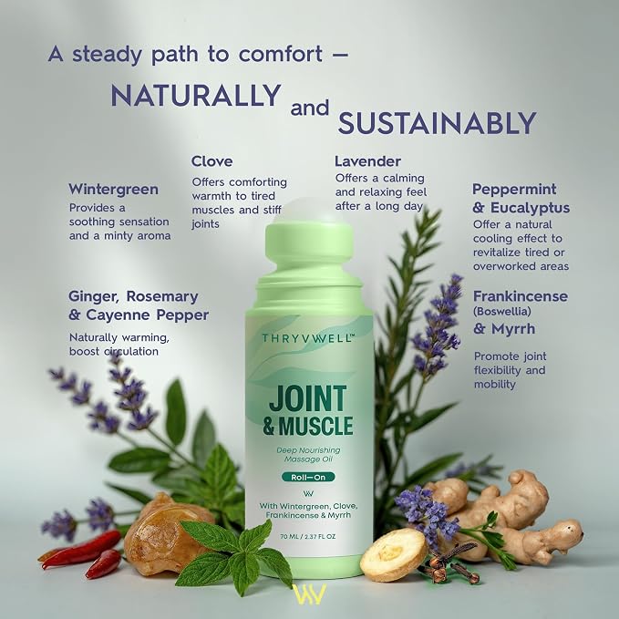 Joint & Muscle Roll-On Oil –70ml - 100% Natural Essential Oil Blend with Wintergreen, Peppermint, Frankincense, Myrrh, Clove & Lavender – Portable 2.37 oz Travel Size