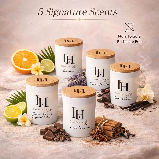 LH Smoke and Vanilla Scented Candle - Soy Wax Natural Candle - Relaxing Gifts for Women - Long Lasting Tobacco Vanilla Bean and Sandalwood Highly Scented Candles for Home Decor