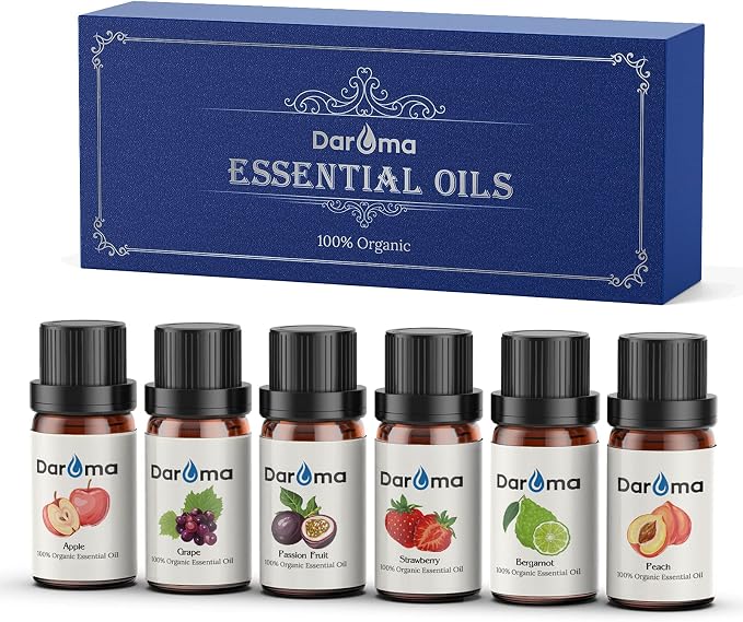 Exquisite Fruit Essential Oil Set - 100% Pure and Natural Aromatherapy Oils - 6-Pack Gift Set with Apple, Grape, Passion Fruit, Bergamot, Strawberry, and Peach - 10ml Bottles