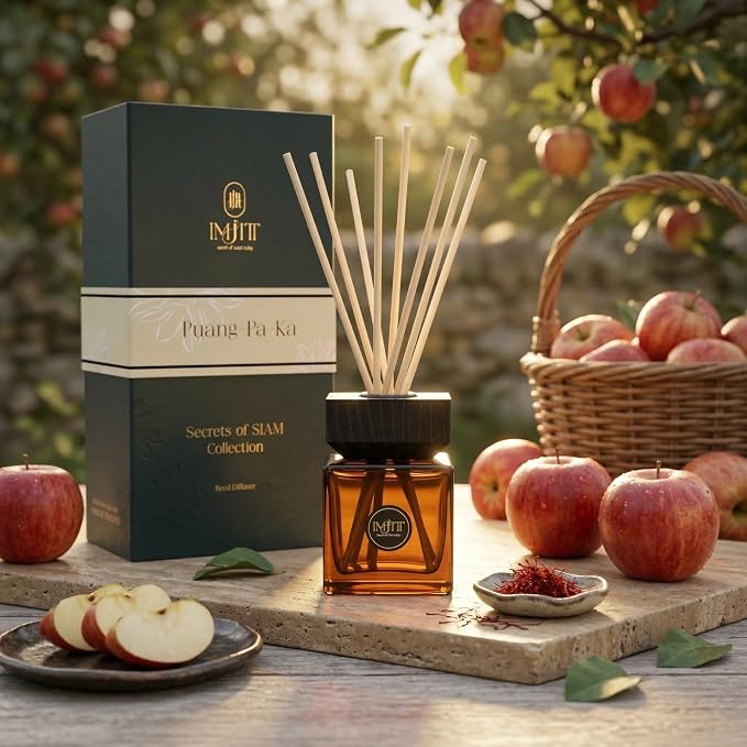 Puang-Pa-Ka IMJITT Natural Reed Diffuser - Secrets of SIAM Collection Scent Diffuser for Home Fragrance, Elegant Thai Botanical Blend of Apple, Rose & Cinnamon for Inviting Room Ambiance