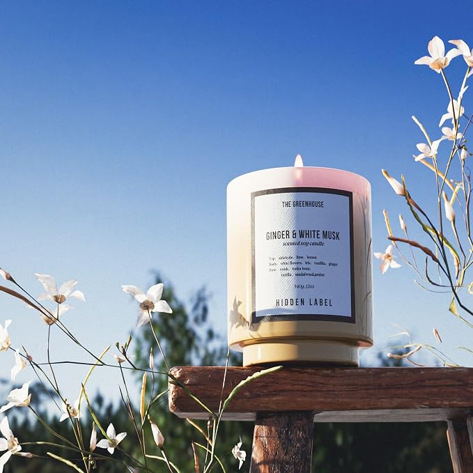 HIDDEN LABEL Ginger White Musk Scented Candle, 12oz Natural Soy Wax Cotton Wick, 75 Hour Long Lasting Burn, Aromatherapy for Home Stress Relief, Meditation, Yoga, Non-Toxic Relaxation Gift for Women