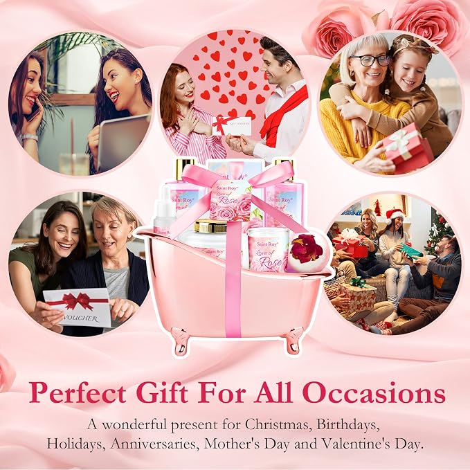 Spa Gifts Basket for Women, Rose Bath and Body Gift, Facial Skin Care Set, Self Care Pampering Kit, Bath Gift Set Spa Gift Set, Home Spa Self Care, Birthday, Mother Day, Bridal Shower