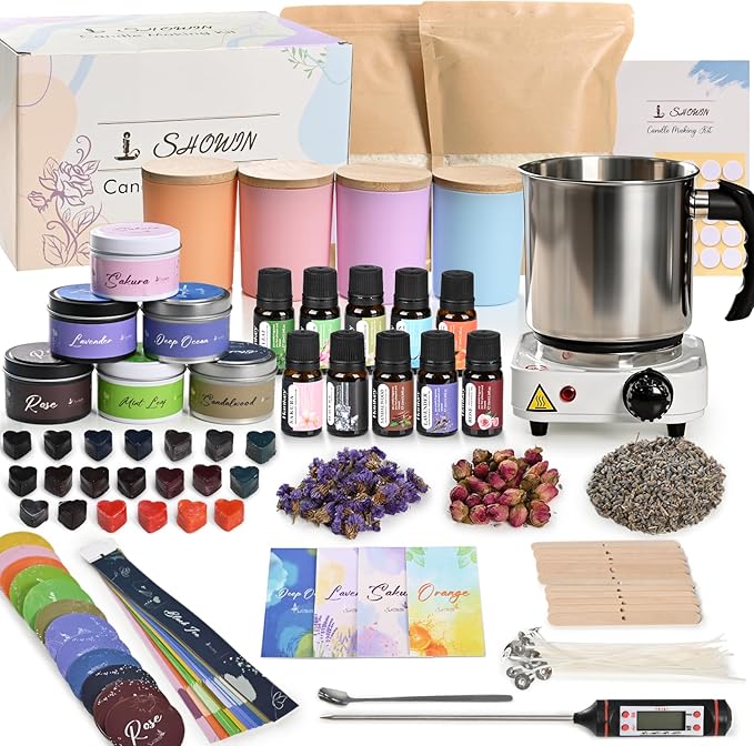SHOWIN Candle Making Kit, DIY Candle Making Supplies for Adults, Starter Soy Wax Candle Kit with Wax Melter, Jars & Tins, Scented Home Decoration