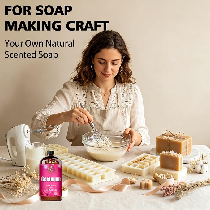 Geranium Essential Oil, Geranium Oil 16 Fl Oz 480ml for Diffuser Yoga Soap & Candle Making – with 0.33 Oz Roller Ball & Funnel YHSESSE Essential Oils