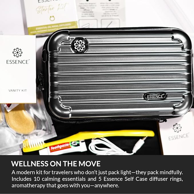 Essence Travel Amenity Kit | Travel Essentials & Travel Size Toiletries Kit | 5-Pack Nasal Diffuser Rings, Sleep Mask, Lotion & Hygiene Kit | Travel Toiletry Kit for Women | Black Case