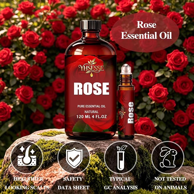 Rose Essential Oil, Rose Oil 4 Fl Oz 120ml for Diffuser Yoga Soap & Candle Making – with 0.33 Oz Roller Ball & Dropper YHSESSE Essential Oils