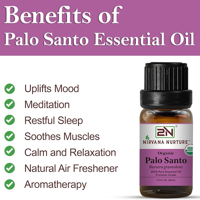 Palo Santo Essential Oil, USDA Certified Organic, 100% Pure Undiluted, Aromatherapy Oil for Diffuser, Hair & Skin Care