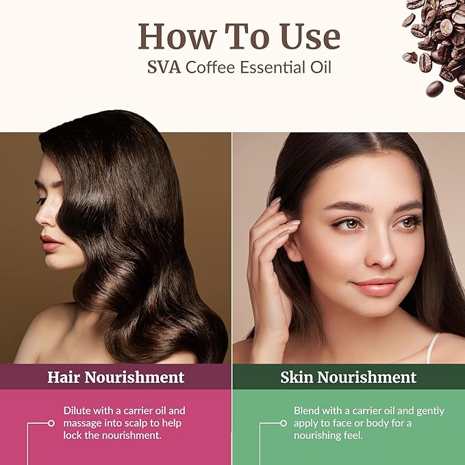 SVA Coffee Essential Oil – 1/3 Fl Oz – 100% Natural Coffee Oil - for Diffuser, Hair Care, Face, Skin Care, Aromatherapy, Scalp and Body Massage, Soap and Candle Making