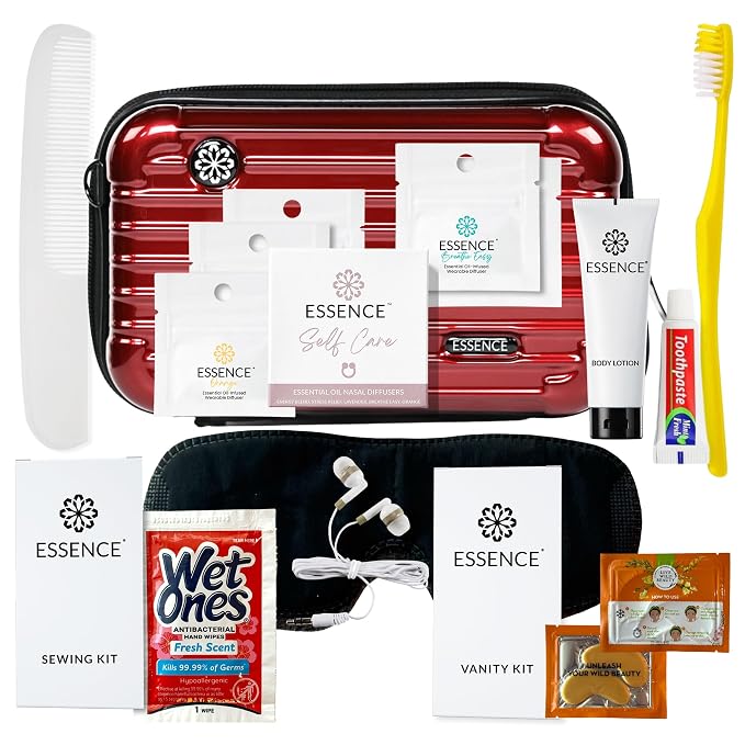 Essence Travel Amenity Kit | Travel Essentials & Travel Size Toiletries Kit | 5-Pack Nasal Diffuser Rings, Sleep Mask, Lotion & Hygiene Kit | Travel Toiletry Kit for Women | Burgundy Case