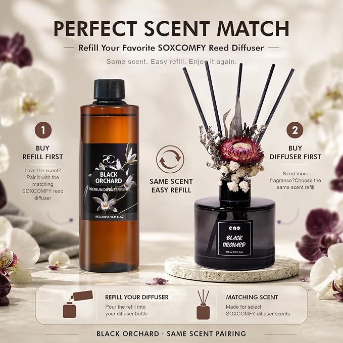 Diffuser Oil Refill, 250ml / 8.45 fl oz, Black Orchard - Reed Diffuser Oil Refill for Home Fragrance, Scented Oil for Reed Diffuser Bottles, Jasmine, Sandalwood & Musk Notes