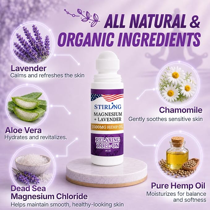 Stirling Lavender Roll On Lotion with Magnesium and Pure Hemp 1500mg – Fast Acting Muscle Relief, Calming Scent for Relaxation & Recovery, Natural Ingredients