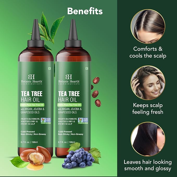 Botanic Hearth 100% Pure Tea Tree Hair Oil For Hair Growth & Hair Treatment Oils 6.7 Fl Oz, 2 Pack|Infused with coconut Oil|Hair Oil Repairs Dry Damaged Hair, Strengthening, Healthier| All Hair Types