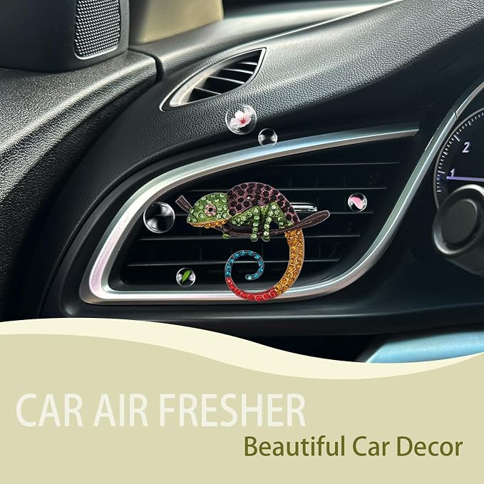 ORIESSE Bling Car Accessories Chameleon Air Freshener Vent Clips Long Lasting Aroma Diffuser Cute Colorful Lizard Decor for Women Teens