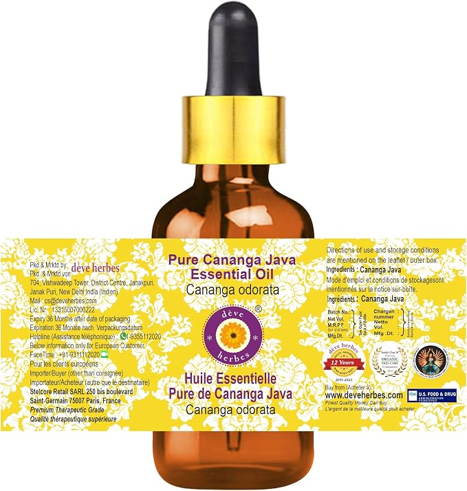 Deve Herbes Pure Cananga Java Essential Oil (Cananga odorata) with Glass Dropper Steam Distilled (Pack of Three) 100ml X 3 (10 oz)
