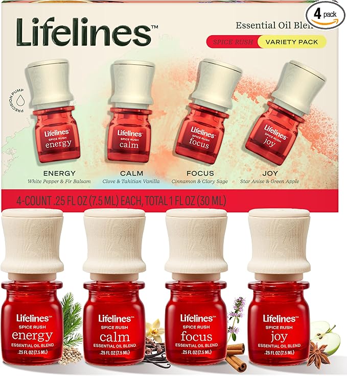 Lifelines Essential Oil Blends, 4-Pack - Blended Essential Oils with Precision Pump for Aromatherapy Diffusers - Long-Lasting Scented Fragrance - Spice Rush (Joy, Calm, Focus & Energy)