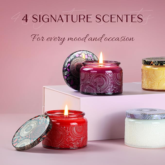 NORVENCE Candles for Women, Scented Candle Gift Set of 4, Scented Candles for Home, Birthday and Christmas Candle Gifts for Women (Vanilla, Lavender, Cinnamon, Jasmine, 14.4 oz)