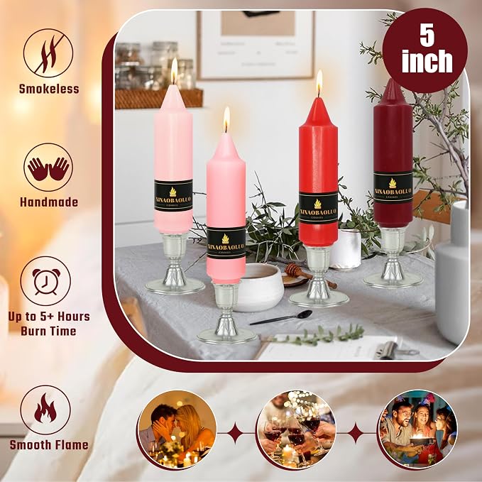 5 inch Short Taper Candle 4 Pack Handmade Gradual Red Candles Unscented Pastel Candlesticks for Holiday Wedding Dinner Party Seasonal Celebration Birthday Home Decoration