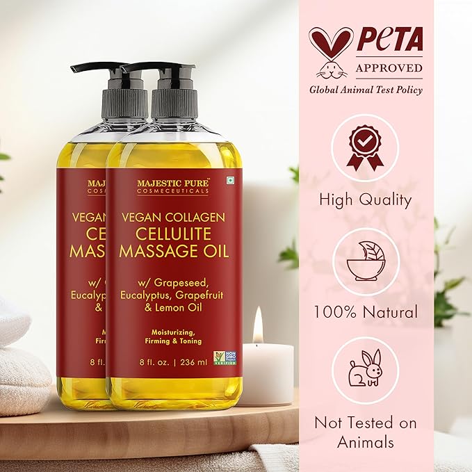 Majestic Pure Cellulite Massage Oil for Massage Therapy- Refreshing and Relaxing- Natural Oils with Grapeseed, Eucalyptus & Lemon Oil- All Skin Types- Men and Women Massage Lotion- 8 fl oz (Pack of 2)