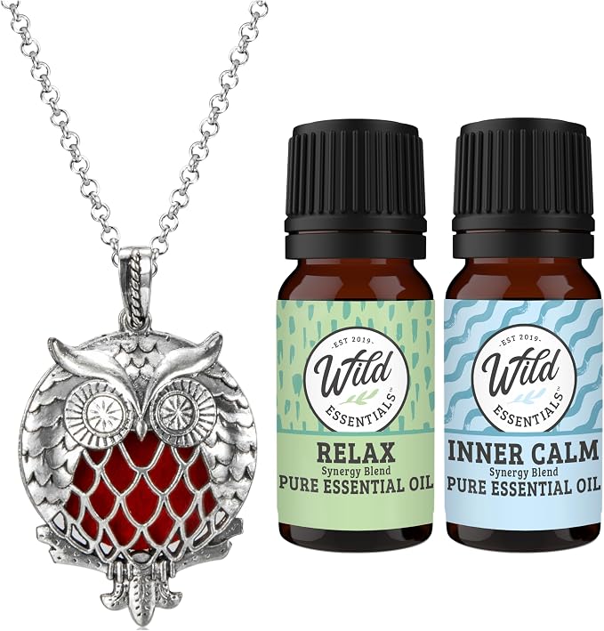 Wild Essentials Owl of Athena Essential Oil Diffuser Necklace Gift Set with Inner Calm & Relax Oils – Nickel Free Alloy Pendant with 8 Color Pads – USA Made Oils & Perfume Necklace – Family Company