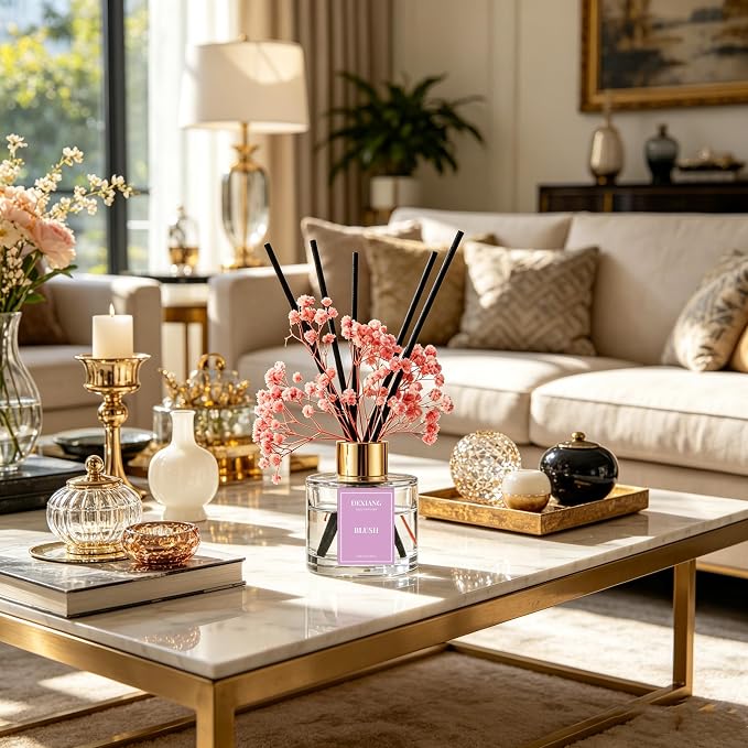 Reed Diffuser Set, 3.38 fl oz (100ml) Blush Scent Oil Diffuser with 6 Reed Sticks, Natural Home Fragrance Reed Diffuser for Bathroom, Bedroom, Living Room Shelf Decor