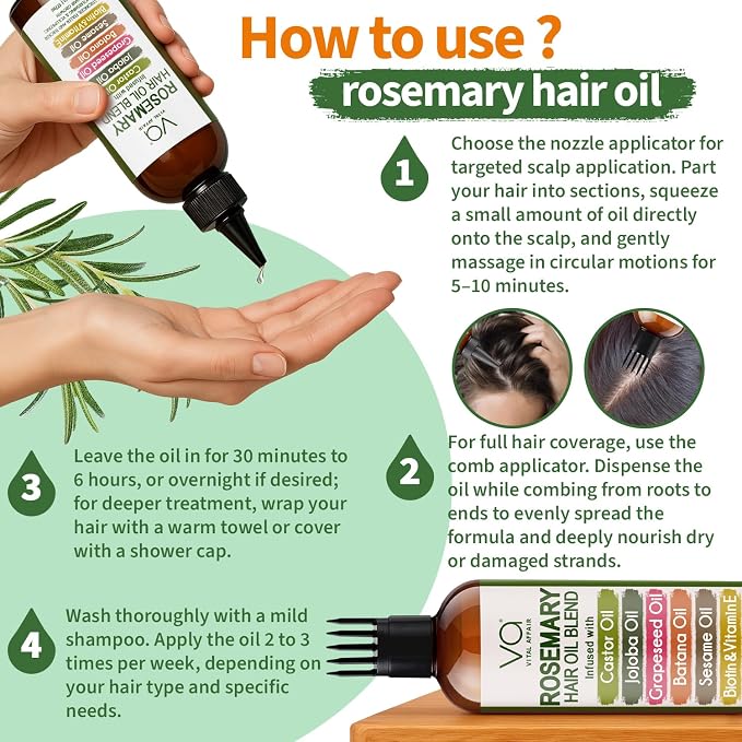 Blend Of Pure Rosemary Oil For Hair Growth With Castor, Batana, Jojoba Oil-Infused With Biotin & Vitamin E-Blend of Effective Hair Oils for Hair Growth-Strengthening Treatment-By Vital Affair-6 Fl Oz
