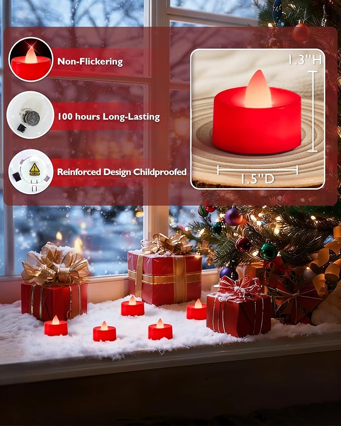 Amagic Red LED Tea Lights Candles, 24 Pack Battery Operated Flameless Tea Lights, Long Lasting Colored Tealights Candles for Halloween and Christmas, Holiday Decor, Theme Party, Wedding Table Decor