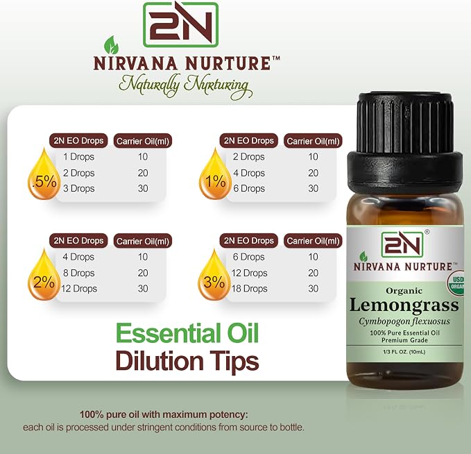 Lemongrass Essential Oil, USDA Certified Organic, 100% Pure Undiluted, Aromatherapy Oil for Diffuser, Hair & Skin Care