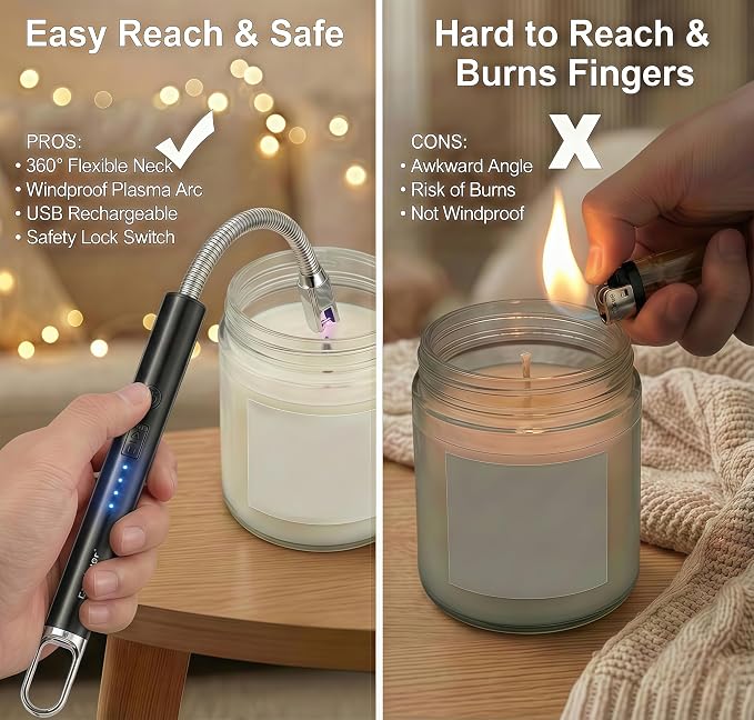 Castelar Electric Candle Lighter with Long Flexible Neck, USB Rechargeable Arc Lighter with Safety Lock for Candle, BBQ, Camping, Housewarming, and Birthday Gifts