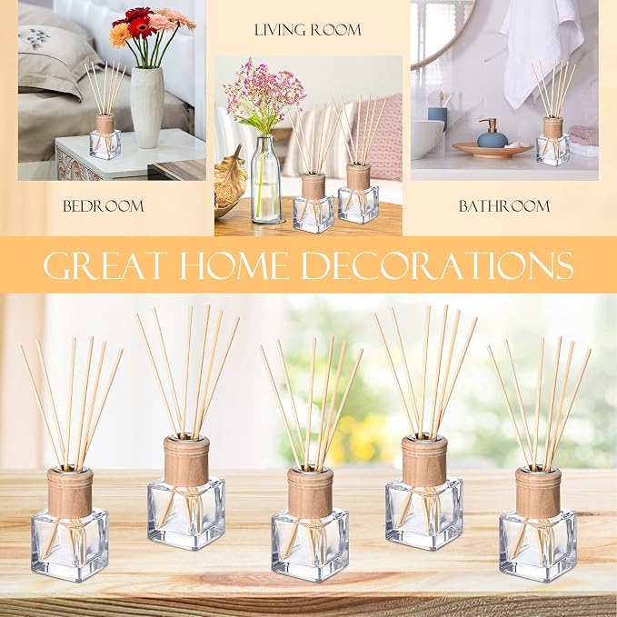 Roshtia 10 Set Reed Diffuser Bottle Empty Refillable Fragrance Glass Diffuser Bottles with Wooden Caps Rattan Sticks 50ml 1.7 oz Square Glass Jars for DIY Fragrance