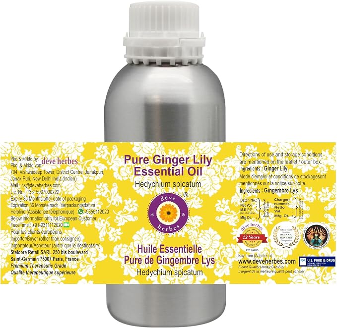 Deve Herbes Pure Ginger Lily Essential Oil (Hedychium spicatum) Steam Distilled 1250ml (42 oz)