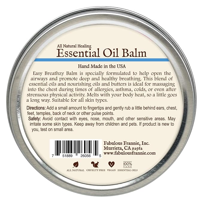Fabulous Frannie Easy Breathzy All Natural Essential Oil Healing Balm made with Sunflower Oil, Coconut Oil, Shea Butter, Beeswax, Soy Wax, Aloe Vera and Pure Essential Oils 3.5oz Tin