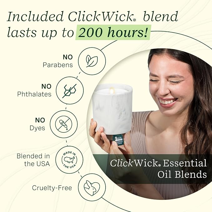 Lifelines Flameless Candle Aromatherapy Essential Oil Diffuser with 2 ClickWick Essential Oil Blends - Cordless & Waterless Diffuser for Home - Scented Electric Candles Blow Out Flame - Olive Jar