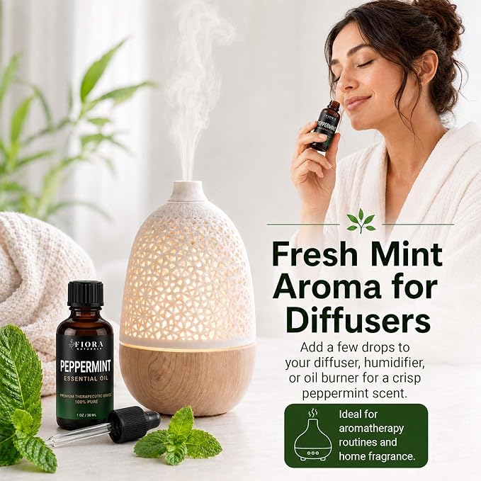 Peppermint Oil by Fiora Naturals – 100% Pure Peppermint Essential Oil, Mentha Piperita Mint Oil for Aromatherapy Diffuser, Skin, Hair, Scalp, DIY Soap & Candle Making, Aceite de Menta