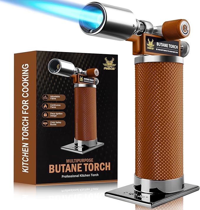 RAVS Butane Torch Lighter, Premium Metal Kitchen Torch with Adjustable Flame & Safety Buckle, Cooking Torch for Creme Brulee, BBQ, Welding, DIY, Brown, Butane Gas Not Included